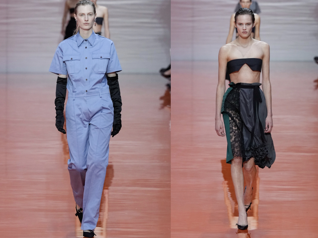 Prada primavera estate 2026: outfit concettuale con taglio sartoriale