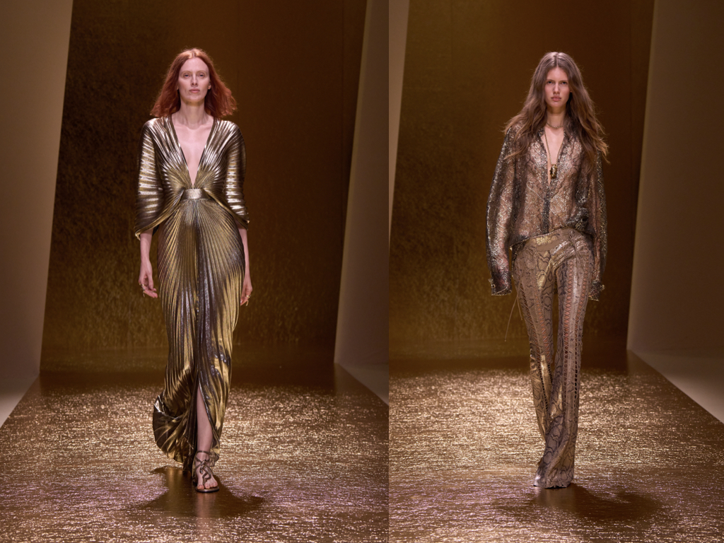 Abito dorato Roberto Cavalli SS26 con taglio profondo e trasparenze seducenti