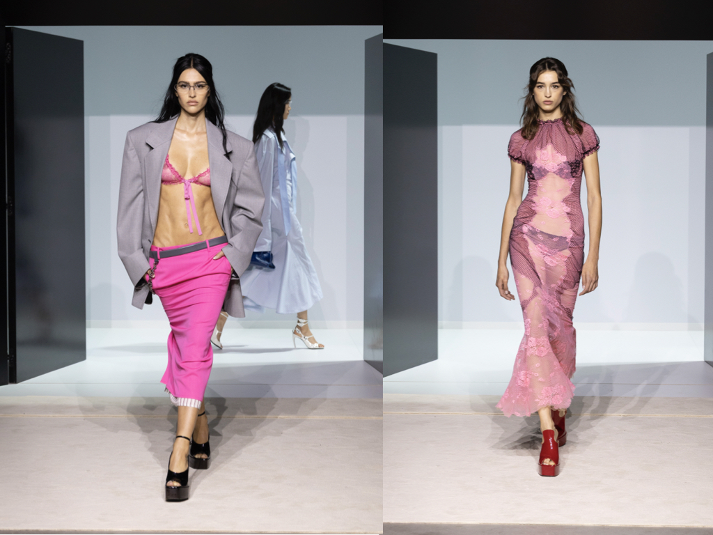 Outfit maschile-femminile: blazer oversize con gonna longuette rosa fluo The Attico SS26