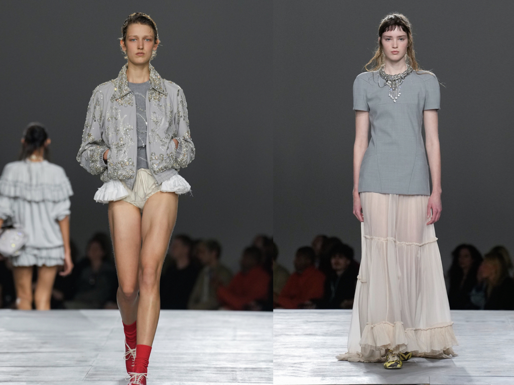 Modella con bomber incrostato di cristalli e culotte dalla collezione Dries Van Noten SS 2026

