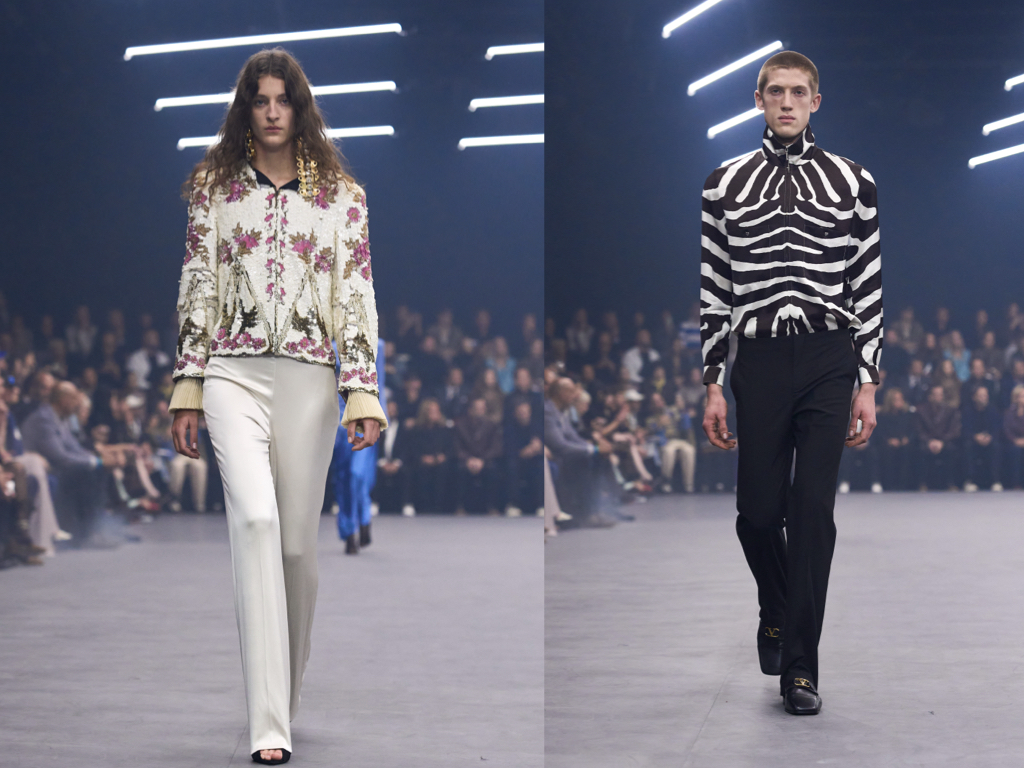 Look della collezione Valentino SS 2026: giacca ricamata con motivi floreali e pantaloni bianchi, camicia zebrata con pantaloni neri.